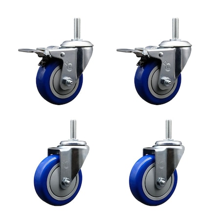 Service Caster 4 Inch Blue Polyurethane Swivel 58 Inch Threaded Stem Caster Set 2 Total Lock Brakes SCC-TSTTL20S414-PPUB-BLUE-58212-2-S2